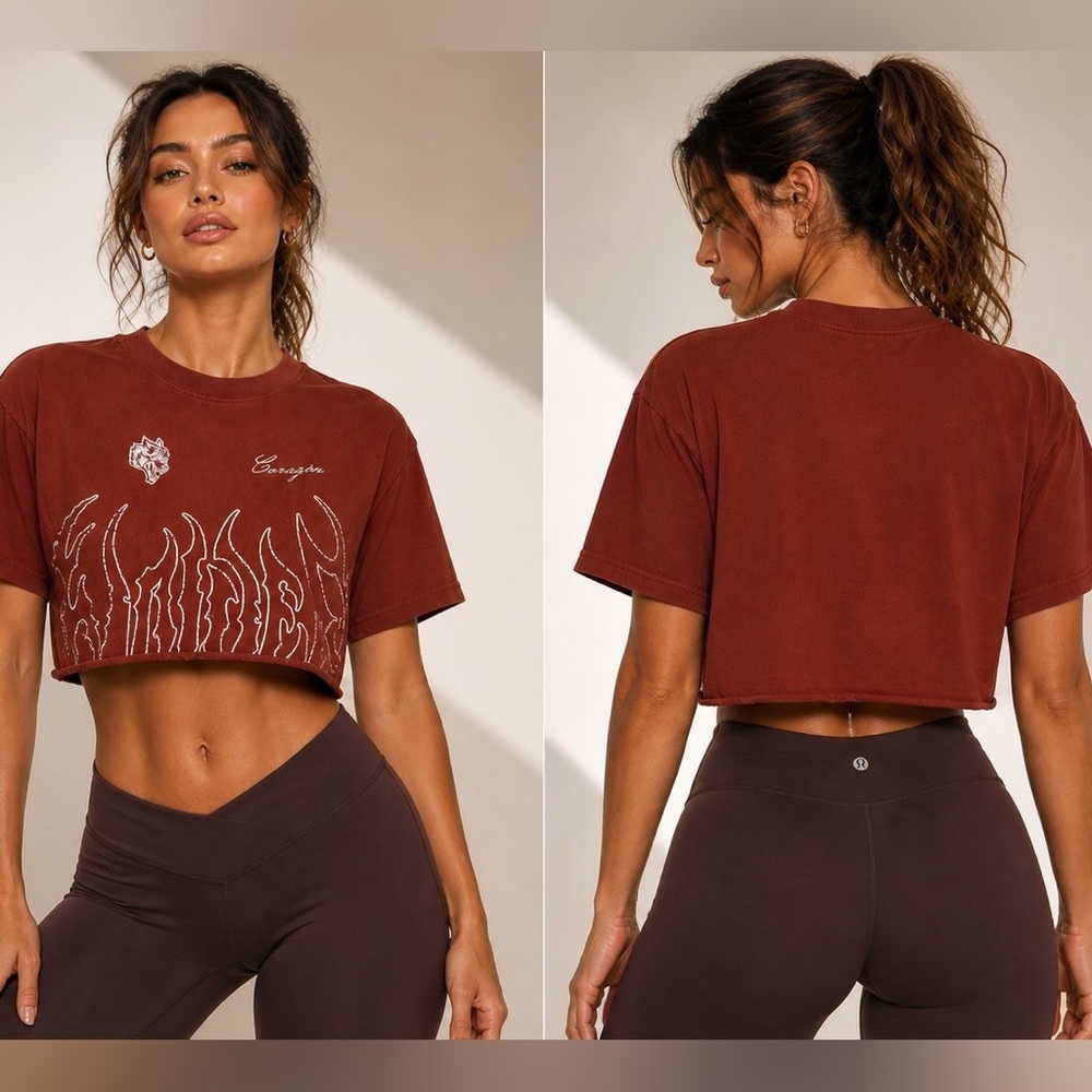 Darc Sport Wolves Cropped Flame Graphic Tee - Corazon Rust S GYM